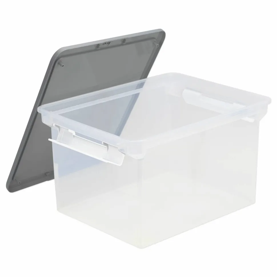 Storex Portable File Tote with Locking Handles, Letter/Legal Files, 18.5" x 14.25" x 10.88", Clear/Silver