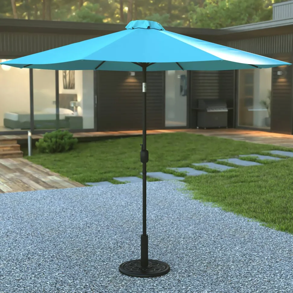 Sunny Teal 9 FT Round Umbrella with Crank and Tilt Function and Standing Umbrella Base