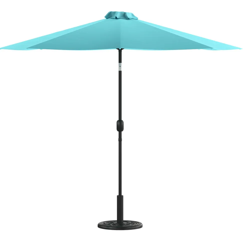 Sunny Teal 9 FT Round Umbrella with Crank and Tilt Function and Standing Umbrella Base