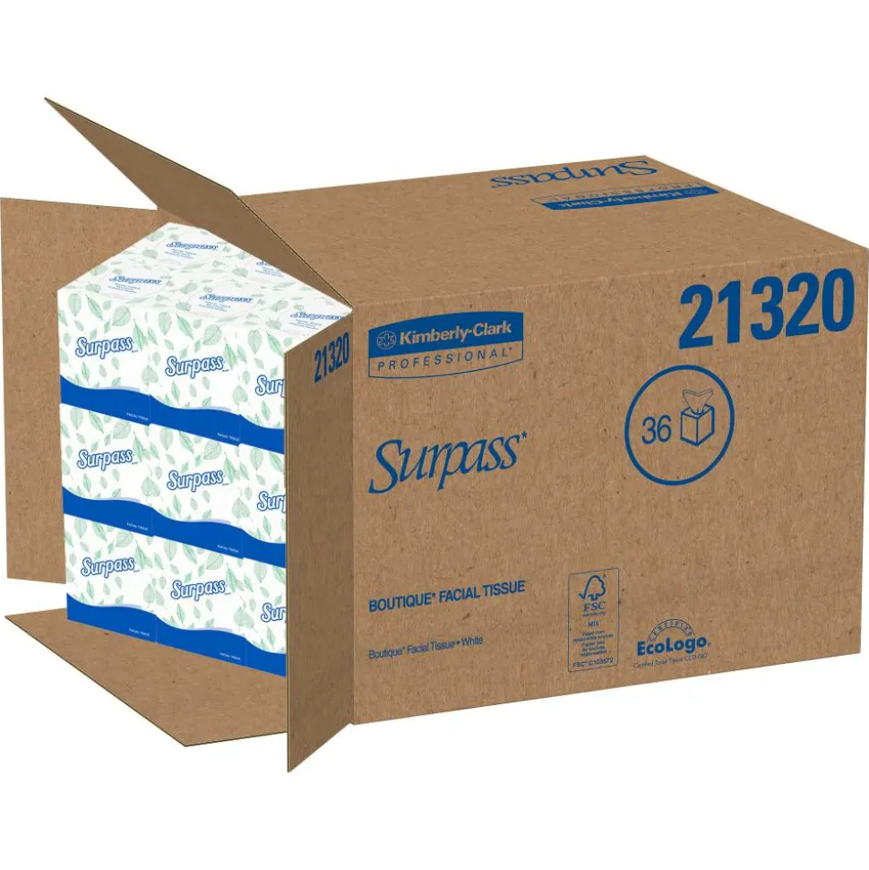 Surpass Facial Tissue for Business, Pop-Up Box, 2-Ply, White, 90 Sheets/Box, 36 Boxes/Carton