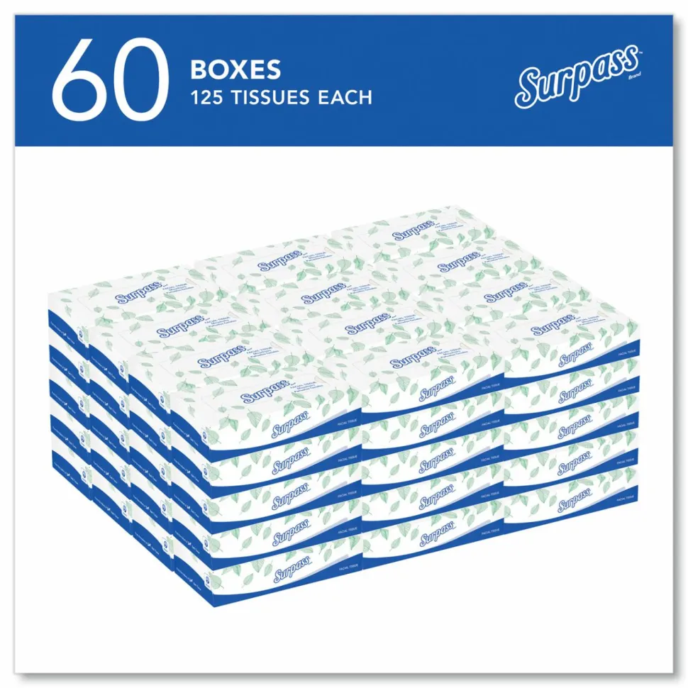 Surpass 2-Ply Facial Tissues, 45% Recycled, FSC Certified, White, 125 Per Box, Pack Of 60