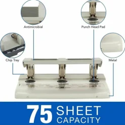 Swingline Antimicrobial High Capacity Heavy Duty Punch, 3 Holes, 75 Sheets - 3 Punch Head(s) - 75 Sheet Capacity - 9/32