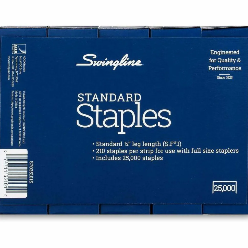 Swingline Standard Staples, 1/4" Length, 5,000 Per Box, Pack Of 5
