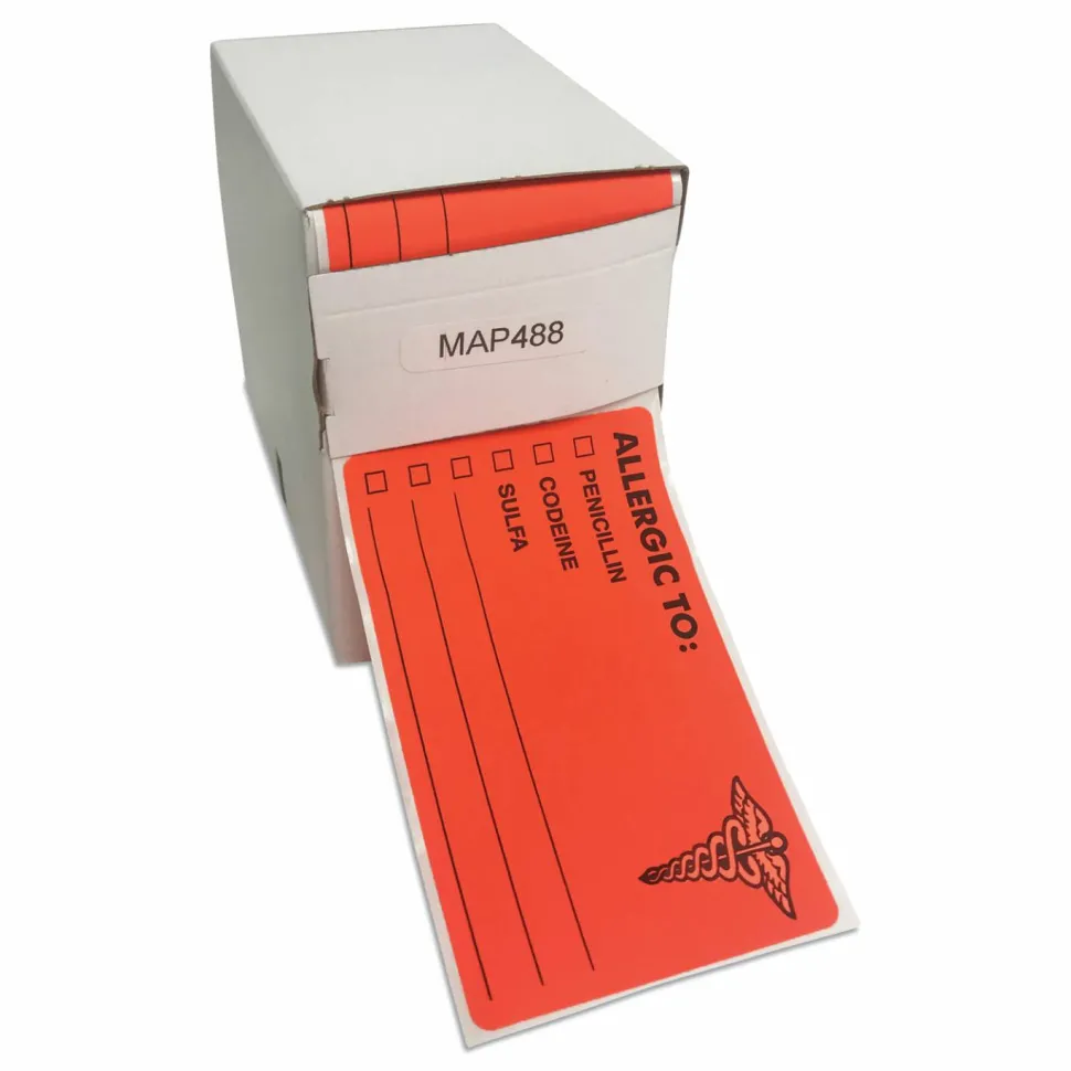 Tabbies "ALLERGIC TO:" Medical Allergy Labels, TAB00488, 4" x 2 1/2", Fluorescent Red, Roll Of 100