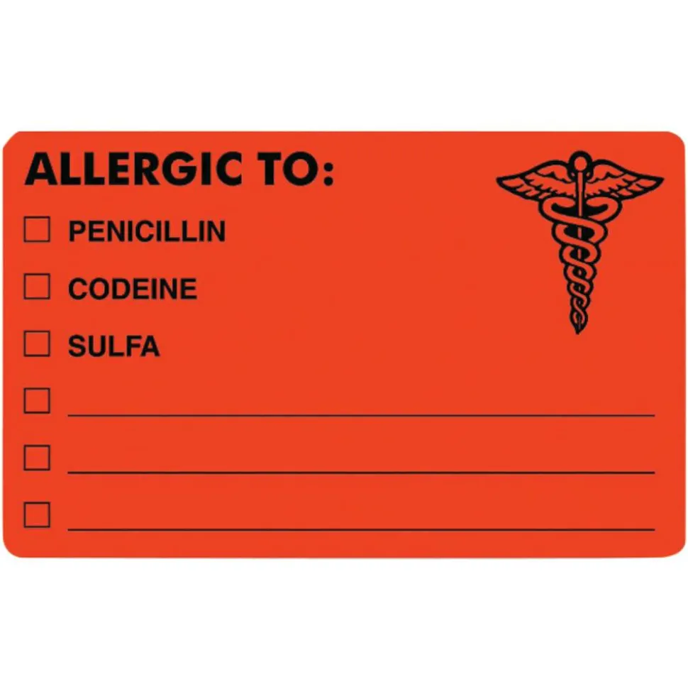 Tabbies "ALLERGIC TO:" Medical Allergy Labels, TAB00488, 4" x 2 1/2", Fluorescent Red, Roll Of 100