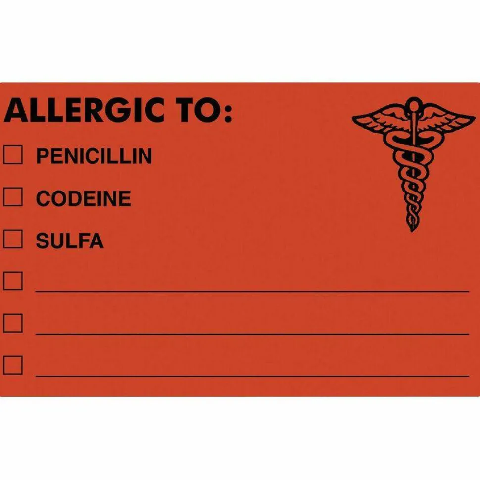 Tabbies "ALLERGIC TO:" Medical Allergy Labels, TAB00488, 4" x 2 1/2", Fluorescent Red, Roll Of 100