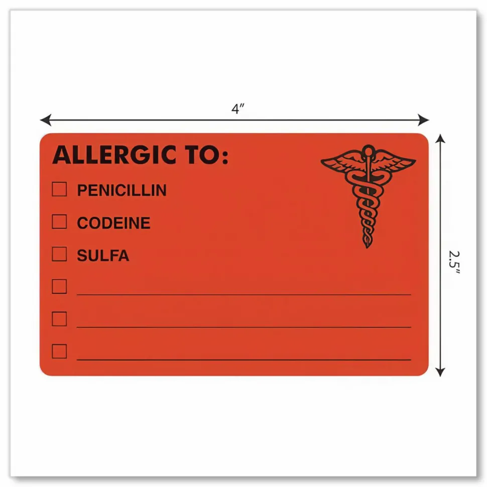 Tabbies "ALLERGIC TO:" Medical Allergy Labels, TAB00488, 4" x 2 1/2", Fluorescent Red, Roll Of 100