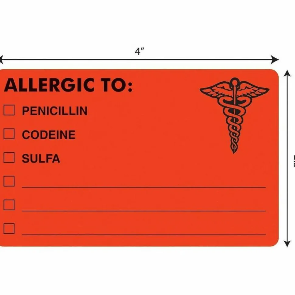 Tabbies "ALLERGIC TO:" Medical Allergy Labels, TAB00488, 4" x 2 1/2", Fluorescent Red, Roll Of 100