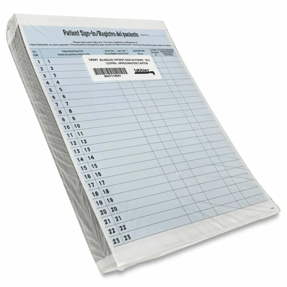 Tabbies Patient Sign-In Label Forms, 8-1/2" x 11", Blue, Pack of 125