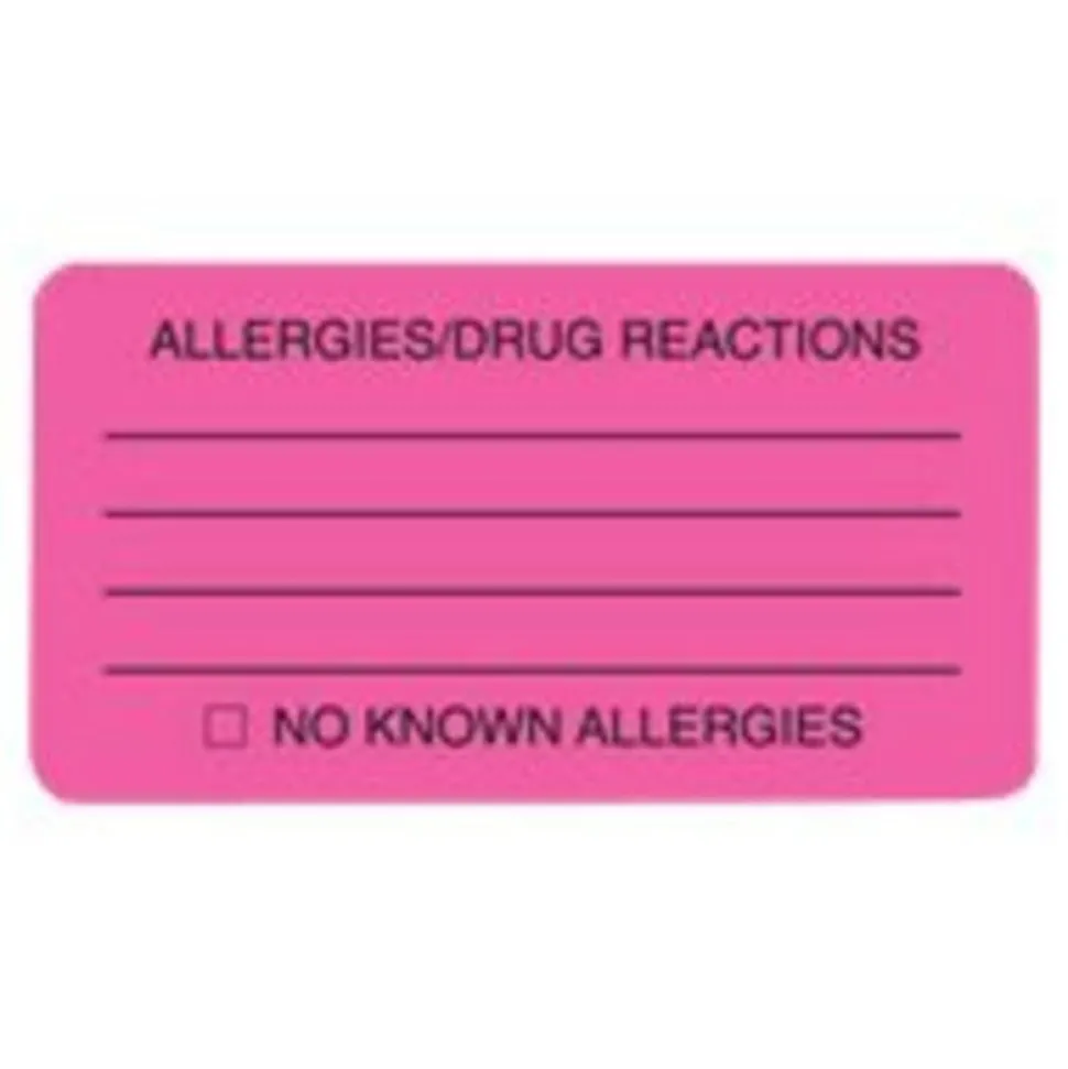 Tabbies Permanent "Allergy/Drug Reaction" Label Roll, TAB01730, Pink, Roll Of 250