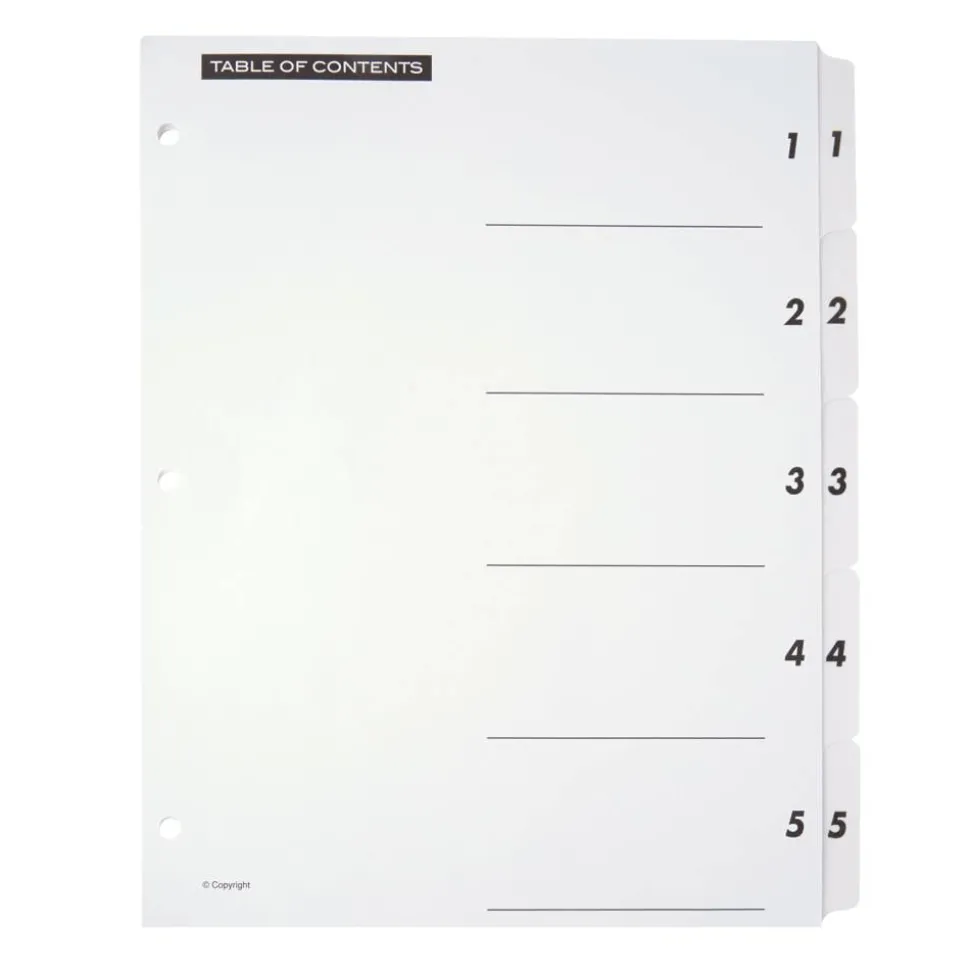 Table Of Contents Customizable Index With Preprinted Tabs, White, Numbered 1-5