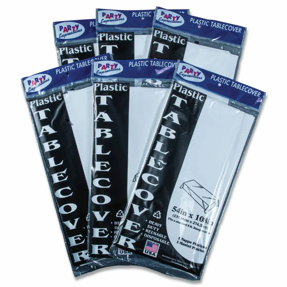Tablemate Plastic Table Covers, 54" x 108", White, Pack Of 6