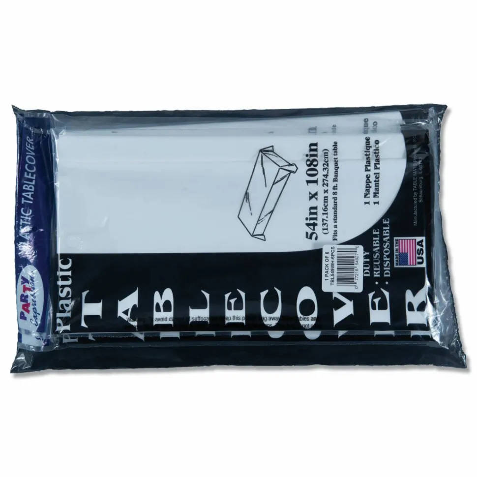 Tablemate Plastic Table Covers, 54" x 108", White, Pack Of 6