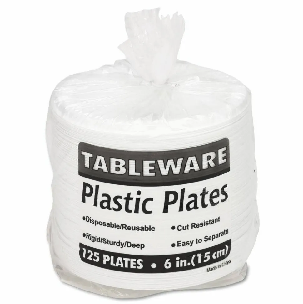 Tablemate Plastic Dinnerware, Plates, 6" dia, White, 125/Pack