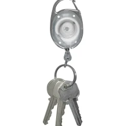 Tatco Reel Key Chain With Carabiner, 30", Chrome/Clear, Pack Of 6