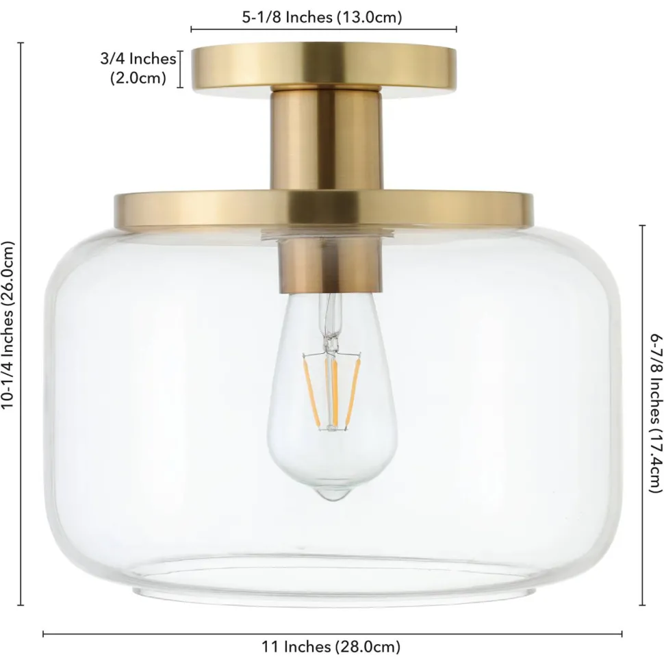 Tatum 11" Wide Semi Flush Mount with Glass Shade in Brushed Brass/Clear