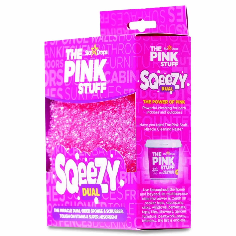 The Pink Stuff Sqeezy Dual-Sided Sponge and Scrubber, 4" x 5.3", 3.8" Thick, Pink/Ivory