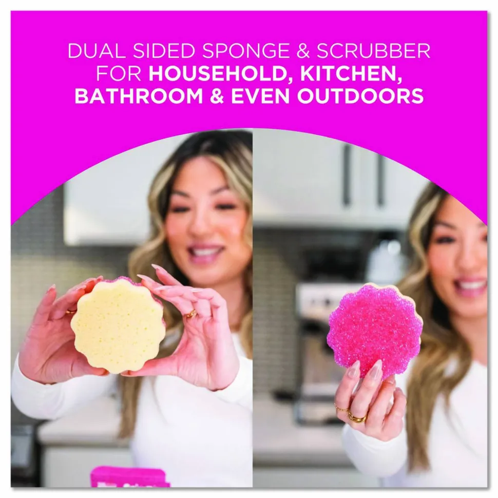 The Pink Stuff Sqeezy Dual-Sided Sponge and Scrubber, 4" x 5.3", 3.8" Thick, Pink/Ivory
