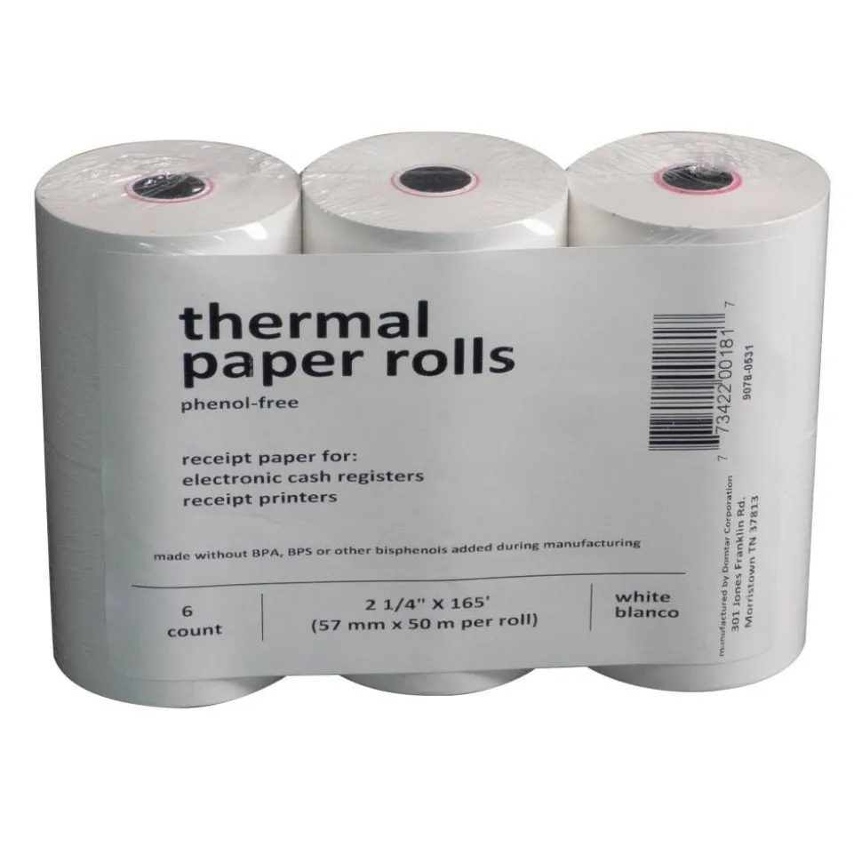 Thermal Receipt Paper Rolls, 2-1/4"x165', Phenol-Free, White, 6 Rolls