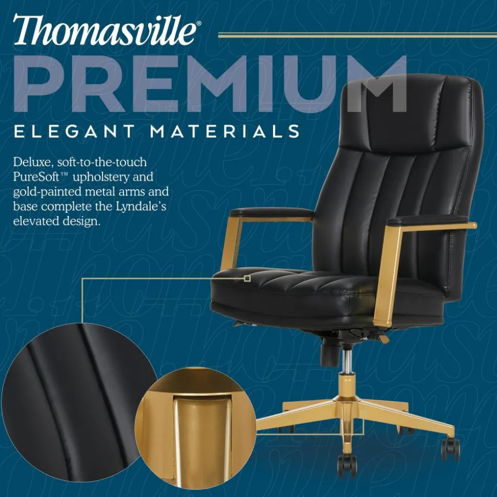 Thomasville Lyndale Ergonomic Vegan Leather Mid-Back Office Chair, Black/Gold