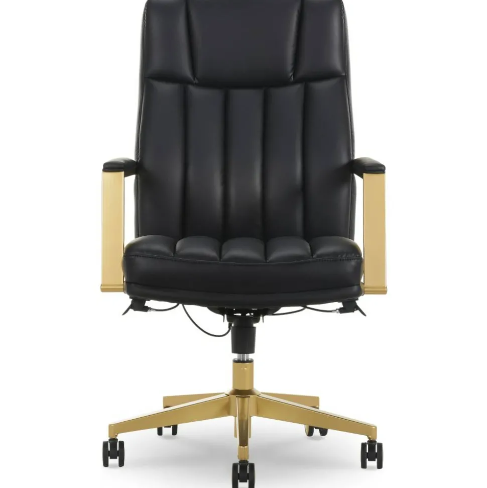 Thomasville Lyndale Ergonomic Vegan Leather Mid-Back Office Chair, Black/Gold