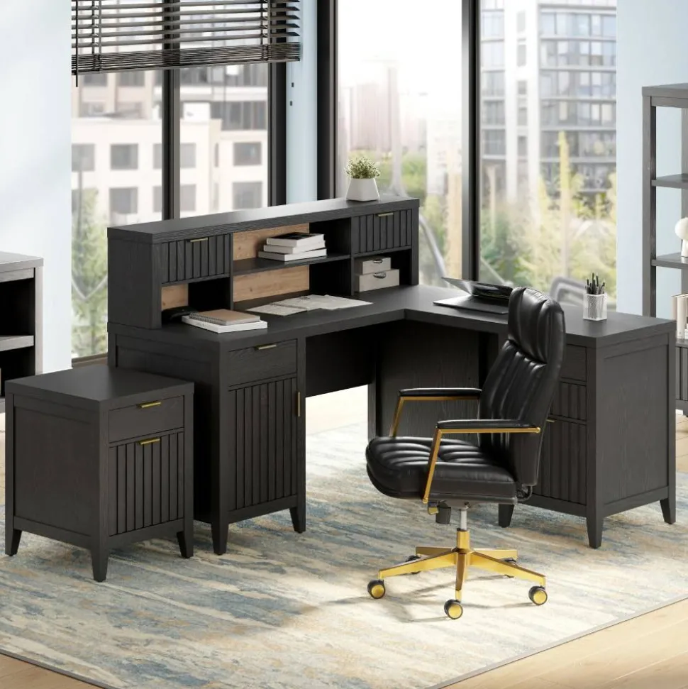 Thomasville Rivington 60"W L-Shaped Corner Desk & Hutch With Integrated Power Outlet, Raven Black
