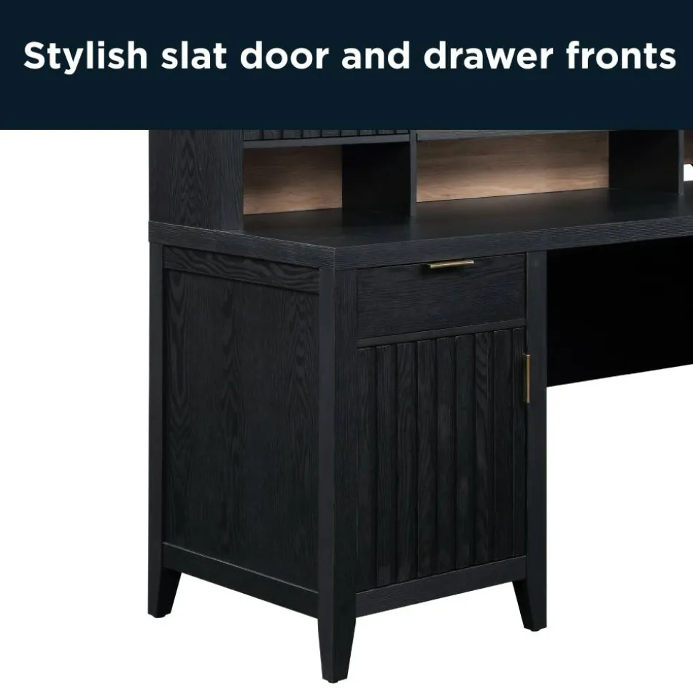 Thomasville Rivington 60"W L-Shaped Corner Desk & Hutch With Integrated Power Outlet, Raven Black