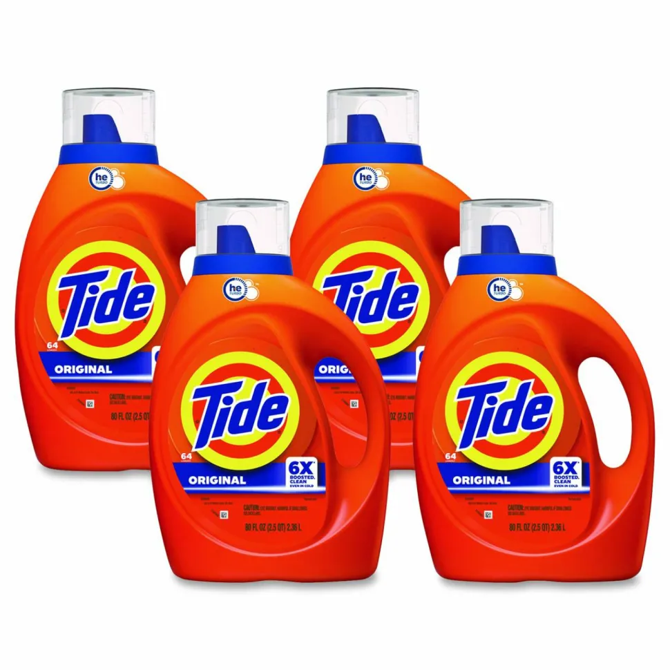 Tide HE Laundry Detergent, Original Scent, Liquid, 64 Loads, 80 oz Bottle, 4/Carton
