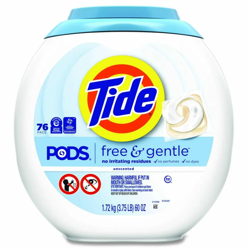 Tide PODS Laundry Detergent, Free and Gentle, HE Compatible, 56 oz Tub, 76 Pacs/Tub, 4 Tubs/Carton