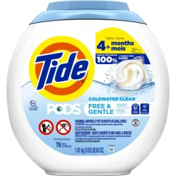 Tide PODS Liquid Laundry Detergent Pacs, Free & Gentle, 63 Oz, Pack Of 76 Pods