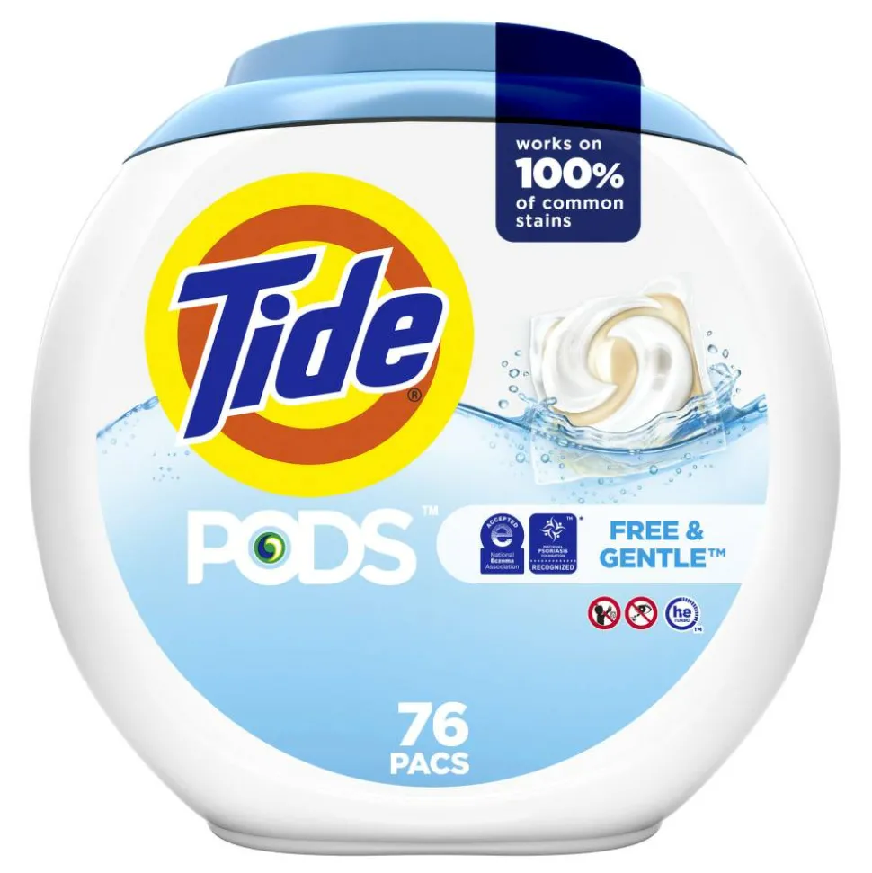Tide PODS Liquid Laundry Detergent Pacs, Free & Gentle, 63 Oz, Pack Of 76 Pods