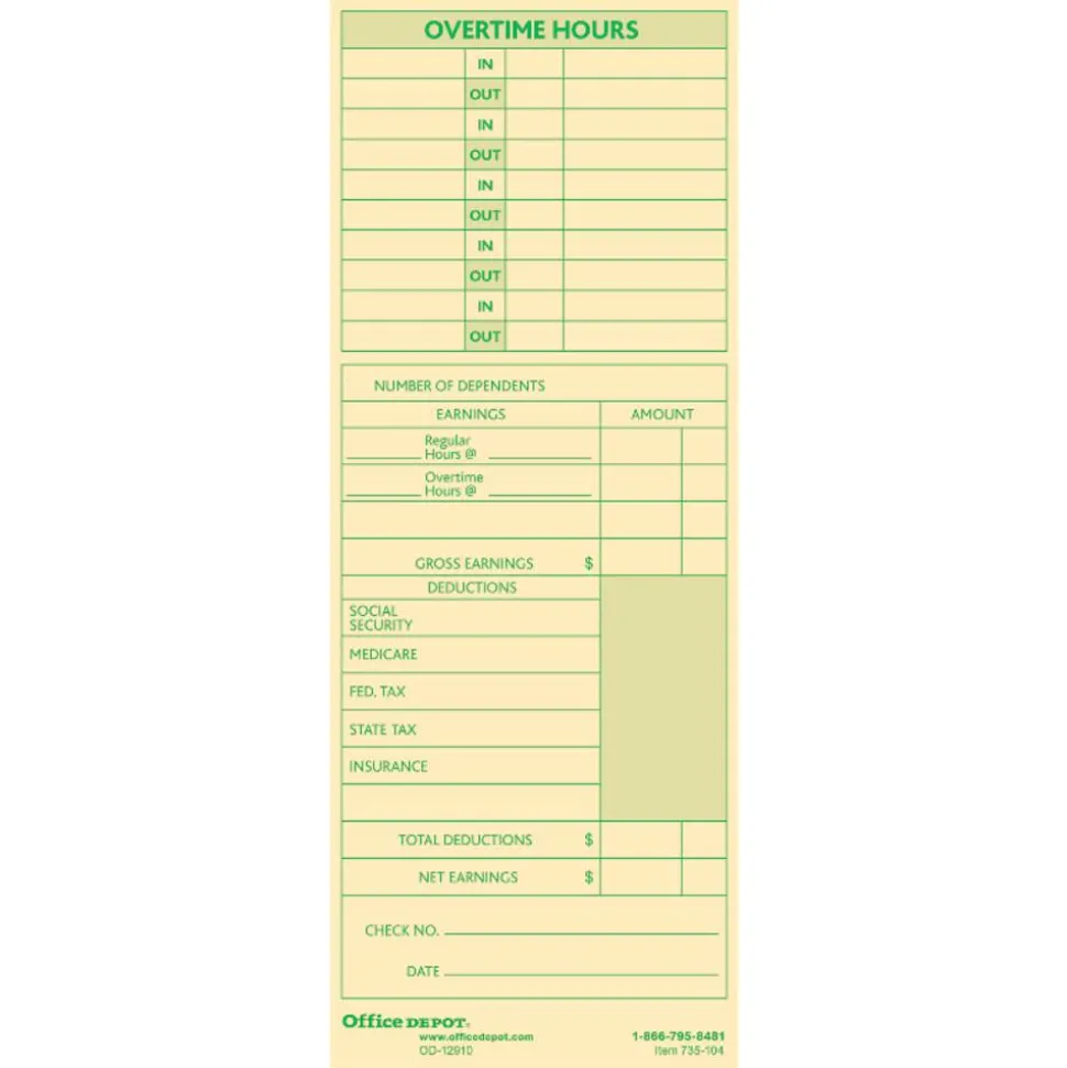Time Cards With Deductions, Weekly, Monday–Sunday Format, 2-Sided, 3 3/8" x 8 7/8", Manila, Pack Of 100