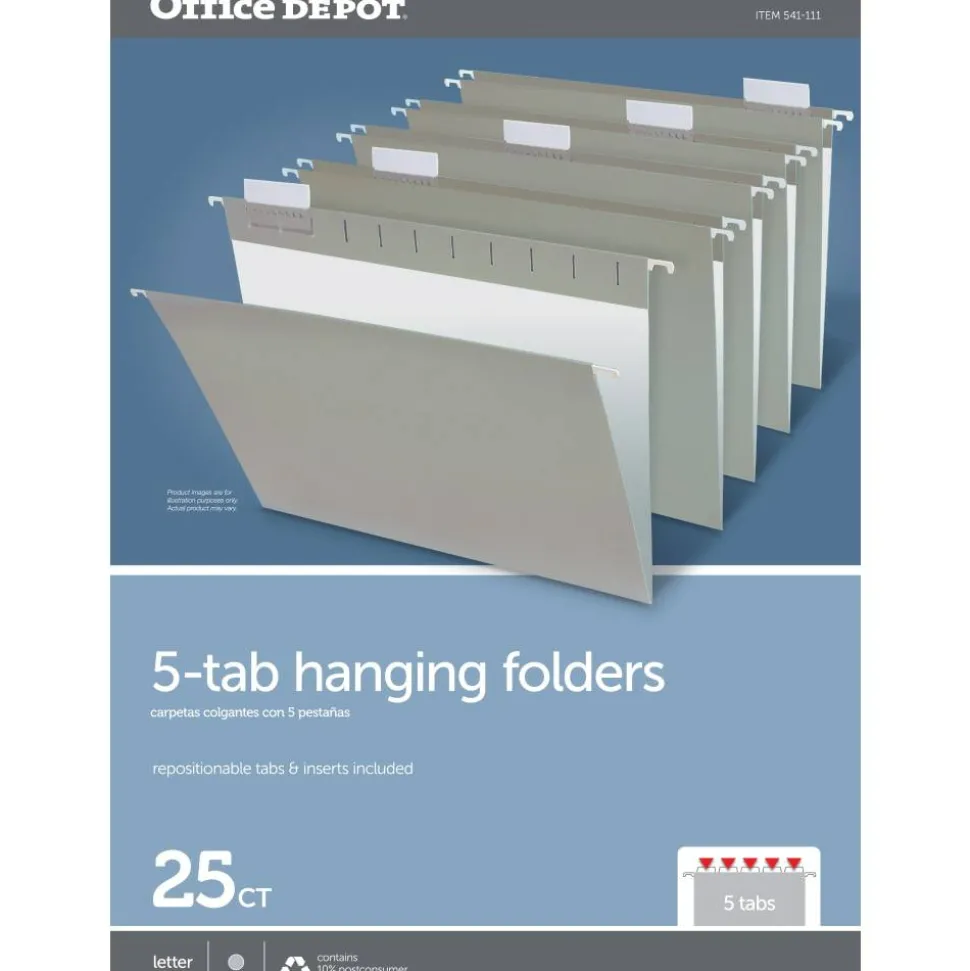2-Tone Hanging File Folders, 1/5 Cut, 8 1/2" x 11", Letter Size, Gray, Box Of 25 Folders