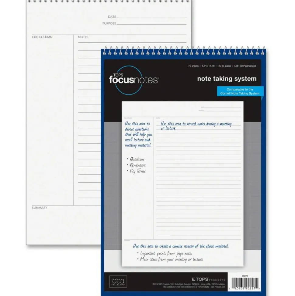 TOPS FocusNotes Top-Wire Notebook, 8 1/2" x 11", 70 Sheets, Blue/White