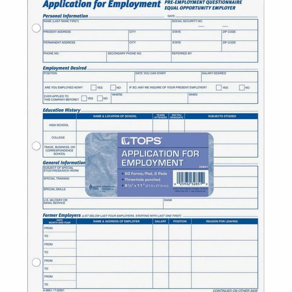 TOPS - Application for employment form - 50 sheets - Letter A Size (8.5 in x 11 in)