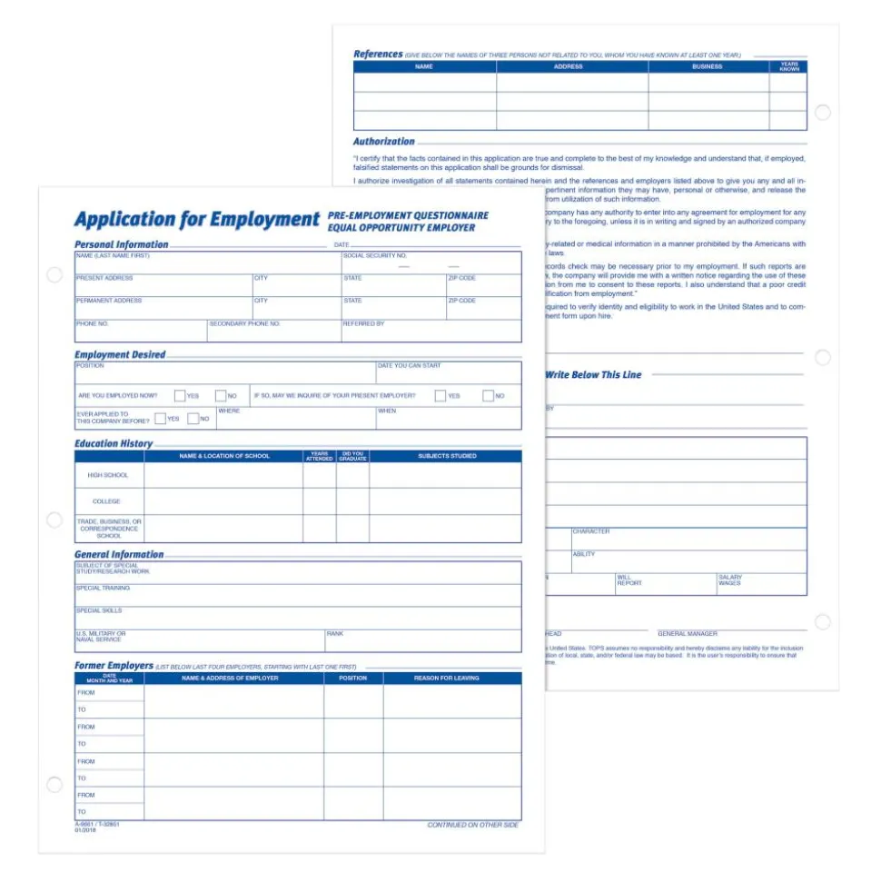 TOPS - Application for employment form - 50 sheets - Letter A Size (8.5 in x 11 in)