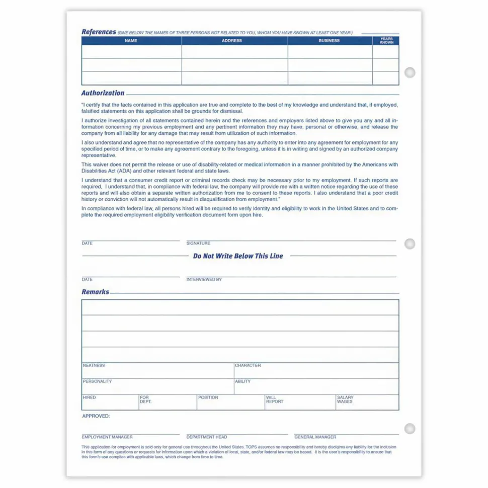 TOPS - Application for employment form - 50 sheets - Letter A Size (8.5 in x 11 in)