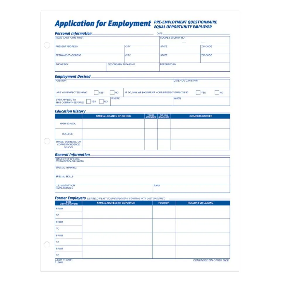 TOPS - Application for employment form - 50 sheets - Letter A Size (8.5 in x 11 in)