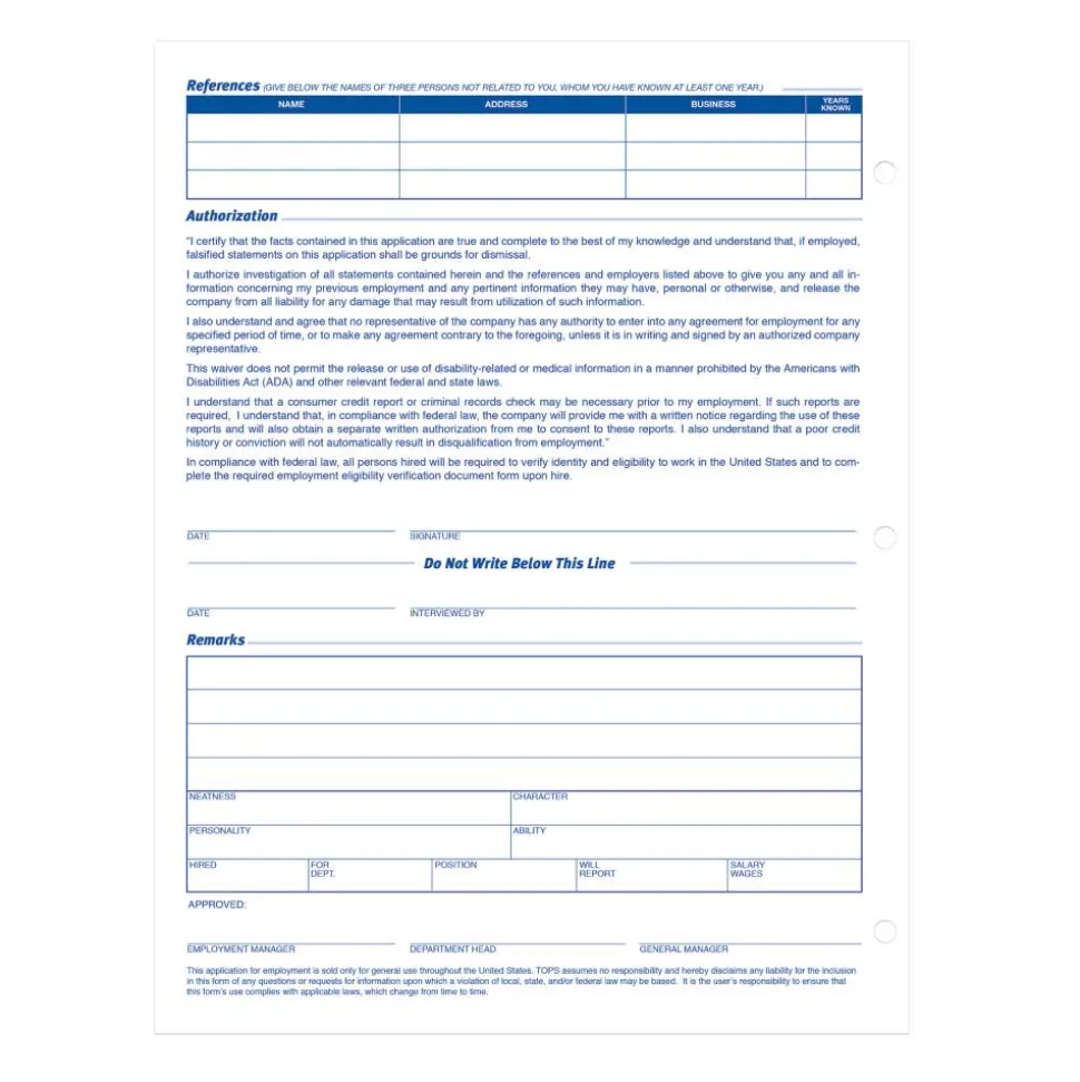 TOPS - Application for employment form - 50 sheets - Letter A Size (8.5 in x 11 in)