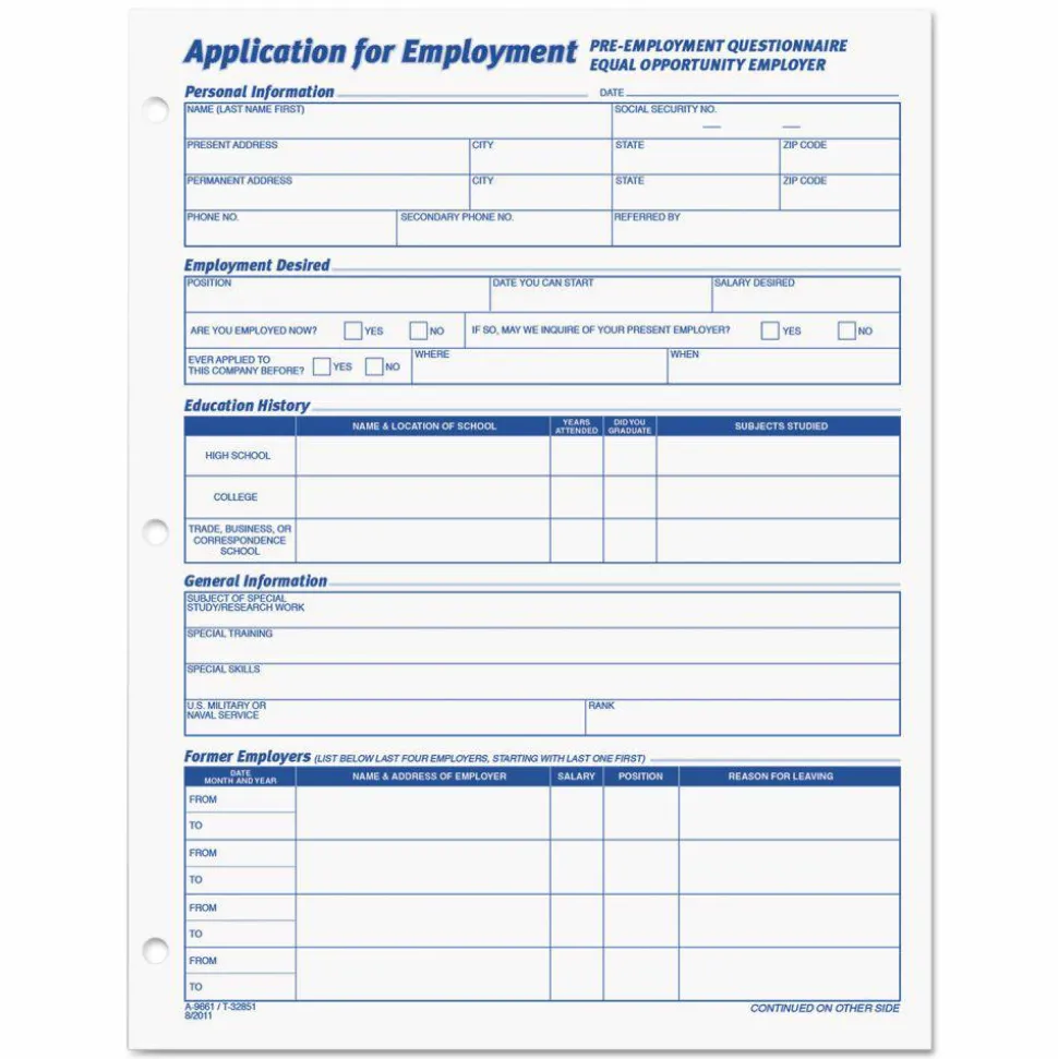 TOPS - Application for employment form - 50 sheets - Letter A Size (8.5 in x 11 in)