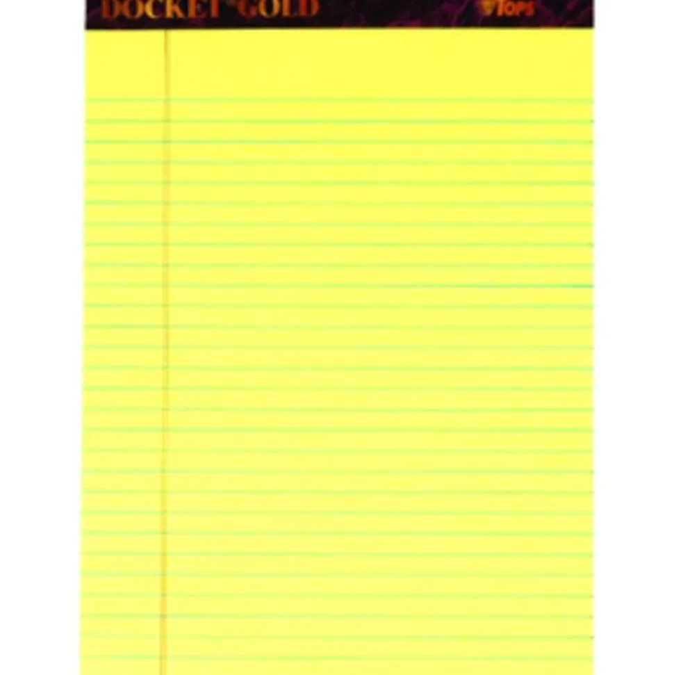 TOPS Docket Gold Perforated Writing Pads, 8 1/2" x 11 3/4", Narrow Ruled, 50 Sheets, Canary, Pack Of 6 Pads
