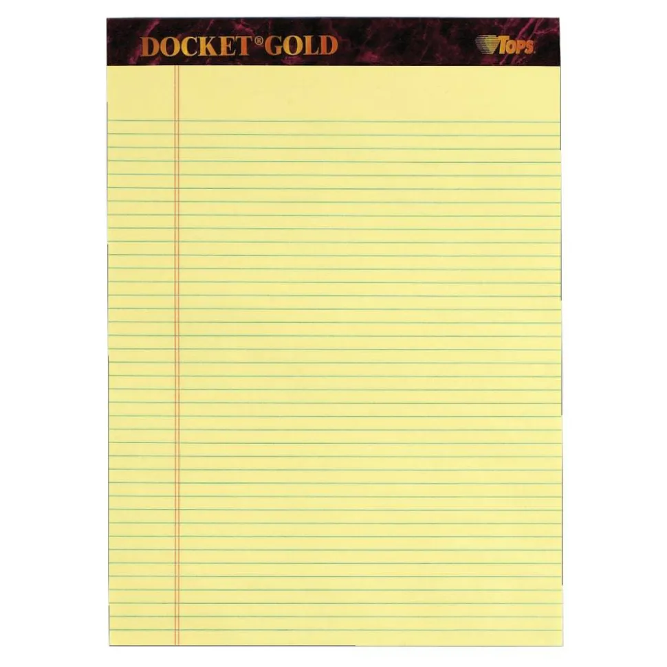TOPS Docket Gold Perforated Writing Pads, 8 1/2" x 11 3/4", Narrow Ruled, 50 Sheets, Canary, Pack Of 6 Pads