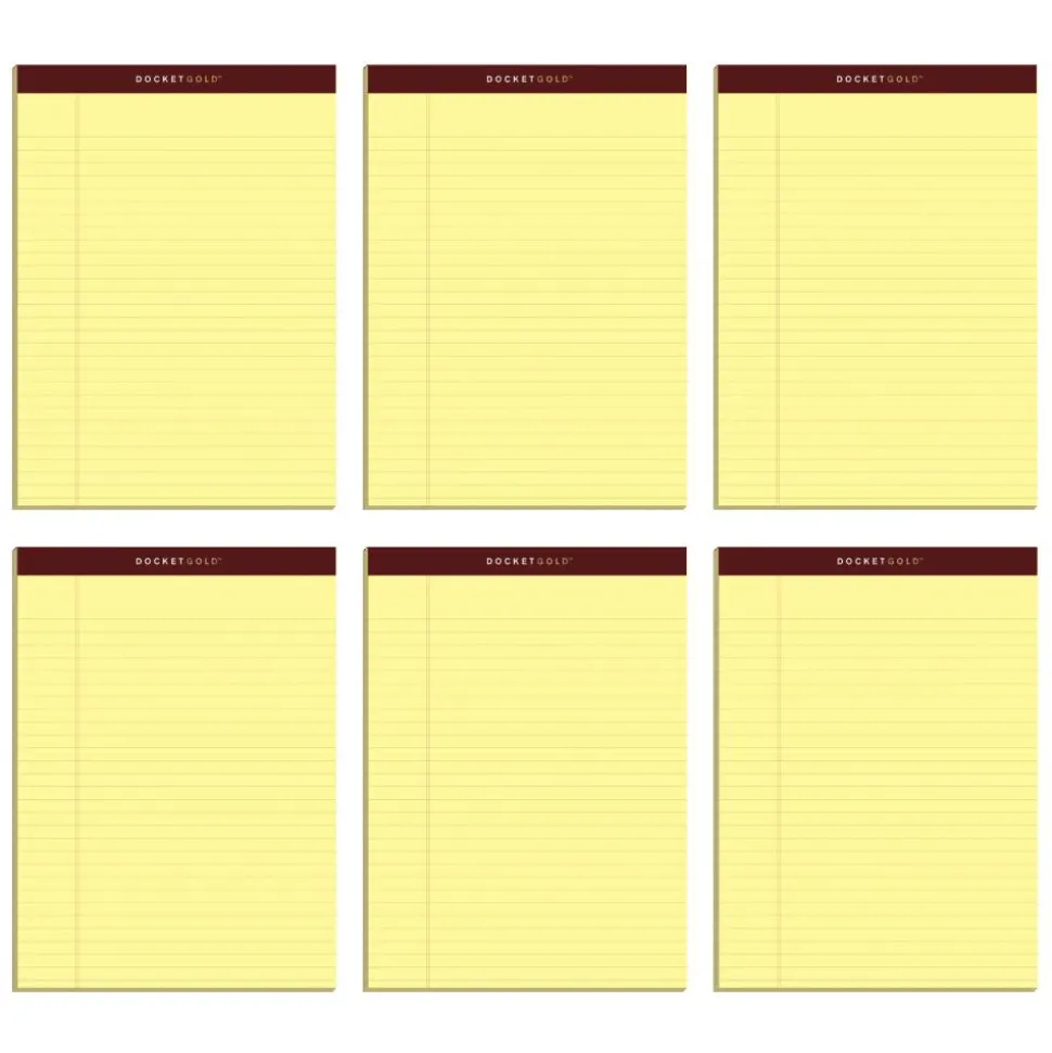 TOPS Docket Gold Premium Writing Pads, 8 1/2" x 11 3/4", Legal Ruled, 50 Sheets, Canary, Pack Of 6 Pads