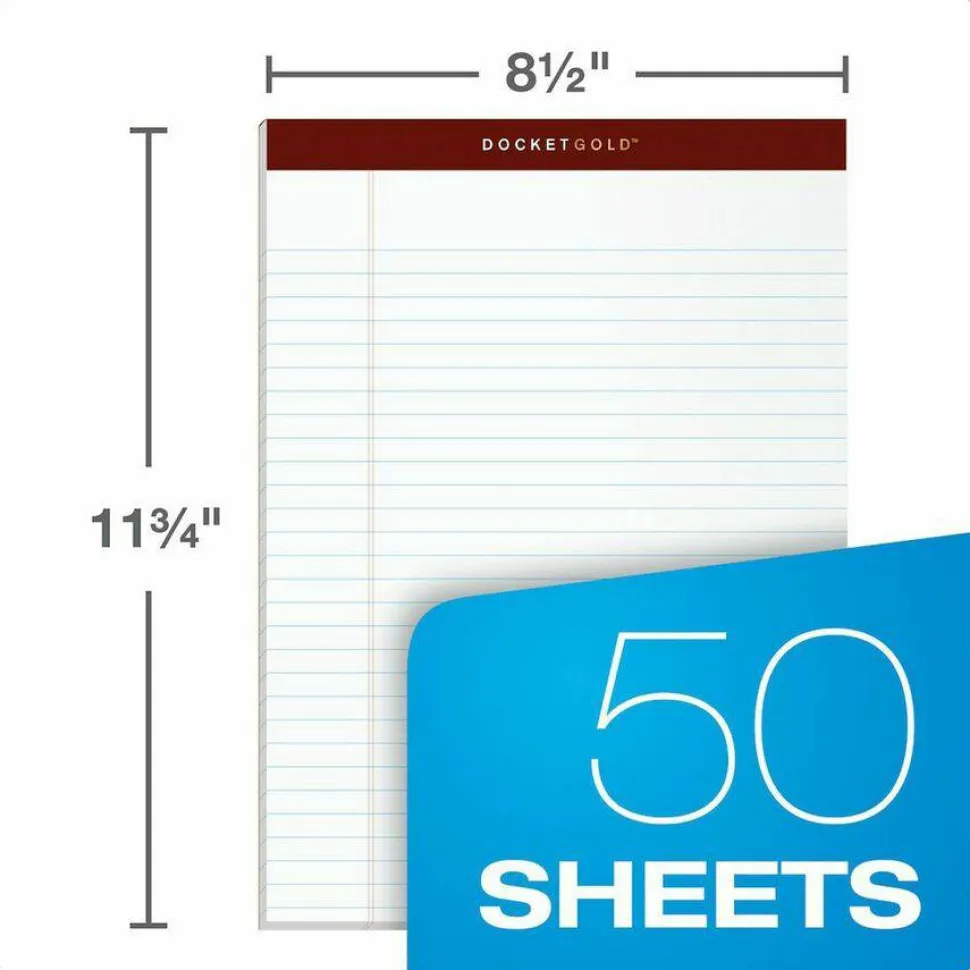TOPS Docket Gold Premium Writing Pads, 8 1/2" x 11 3/4", Legal Ruled, 50 Sheets, White, Pack Of 12 Pads