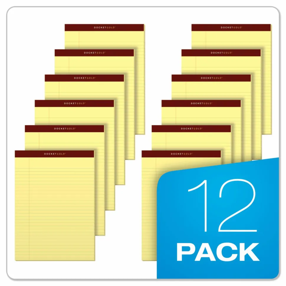 TOPS Docket Gold Premium Writing Pads, 8 1/2" x 11 3/4", Legal Ruled, 50 Sheets, Canary, Pack Of 12 Pads