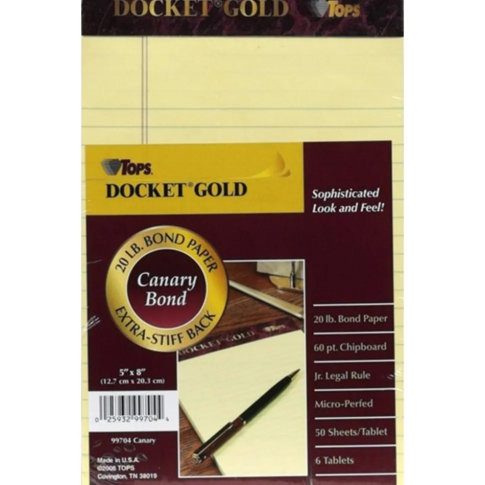 TOPS Docket Gold Premium Writing Pads, 5" x 8", Jr. Legal Rule, Canary, 50 Sheets Per Pad, Pack Of 6 Pads