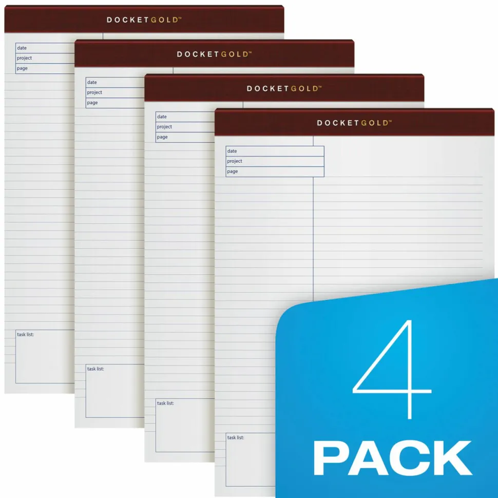 TOPS Docket Gold Premium Writing Pads, 8 1/2" x 11 3/4", Wide Ruled, 40 Sheets, White, Pack Of 4 Pads