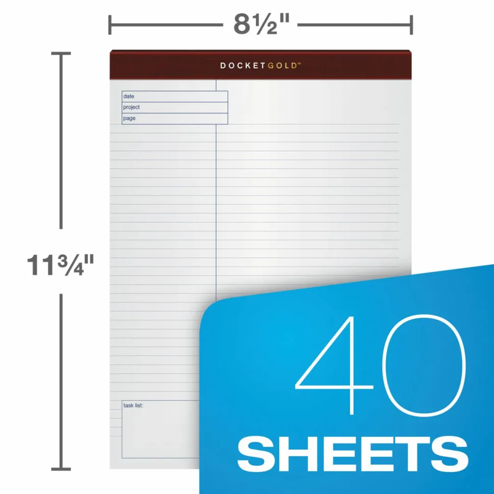 TOPS Docket Gold Premium Writing Pads, 8 1/2" x 11 3/4", Wide Ruled, 40 Sheets, White, Pack Of 4 Pads