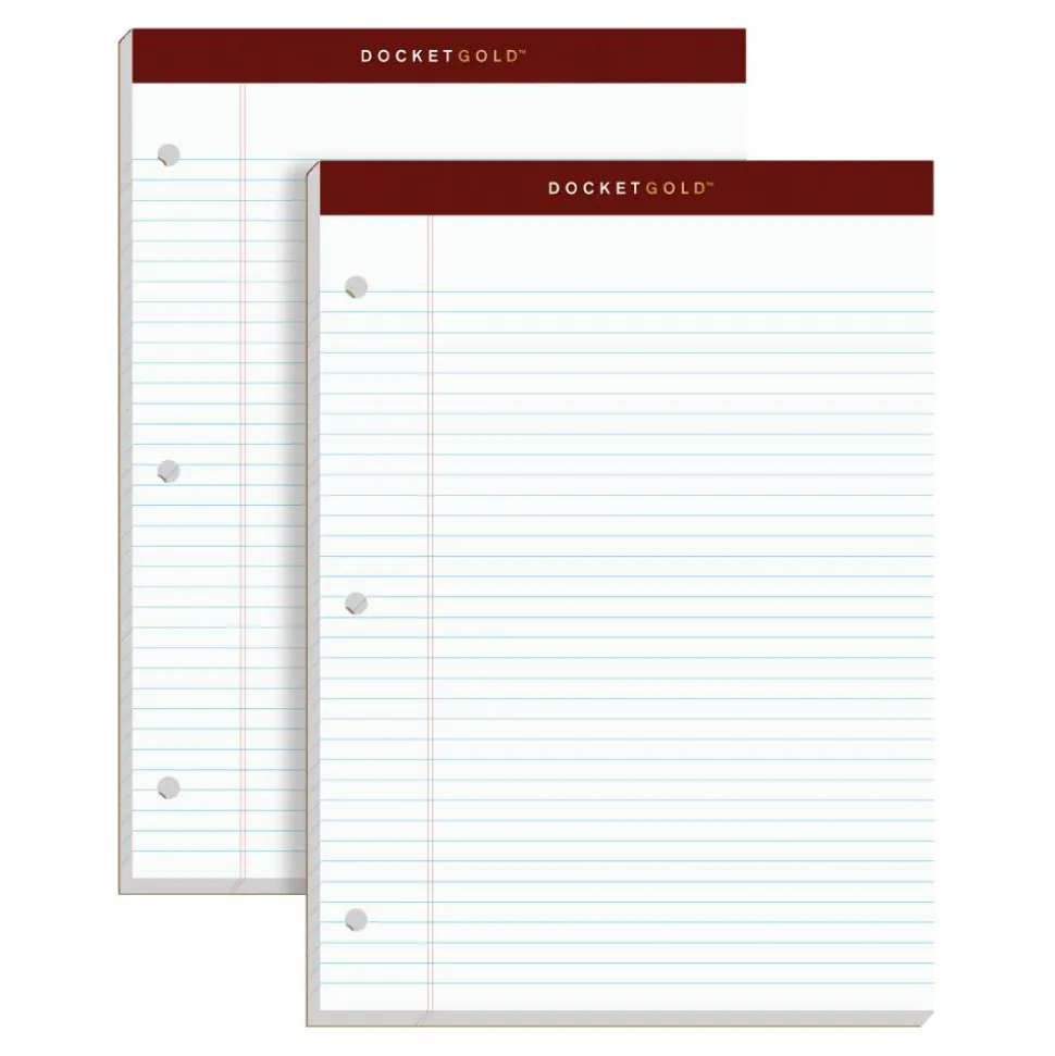 TOPS Double Docket Gold Writing Pads, 8 1/2" x 11", Narrow Ruled, 200 Pages (100 Sheets), 3-Hole Punched, White, Pack Of 2