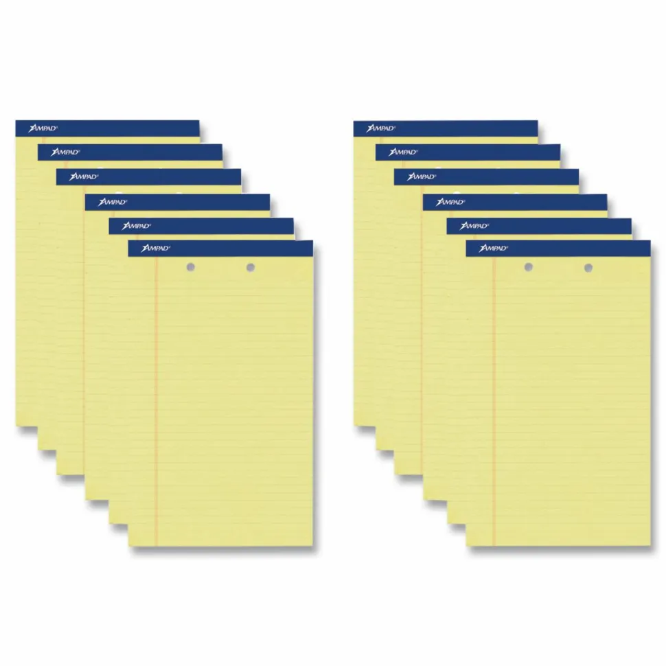 TOPS 2-Hole Punched Perforated Writing Pads, 8 1/2" x 14", Legal Ruled, 50 Sheets Per Pad, Canary, Pack Of 12 Pads